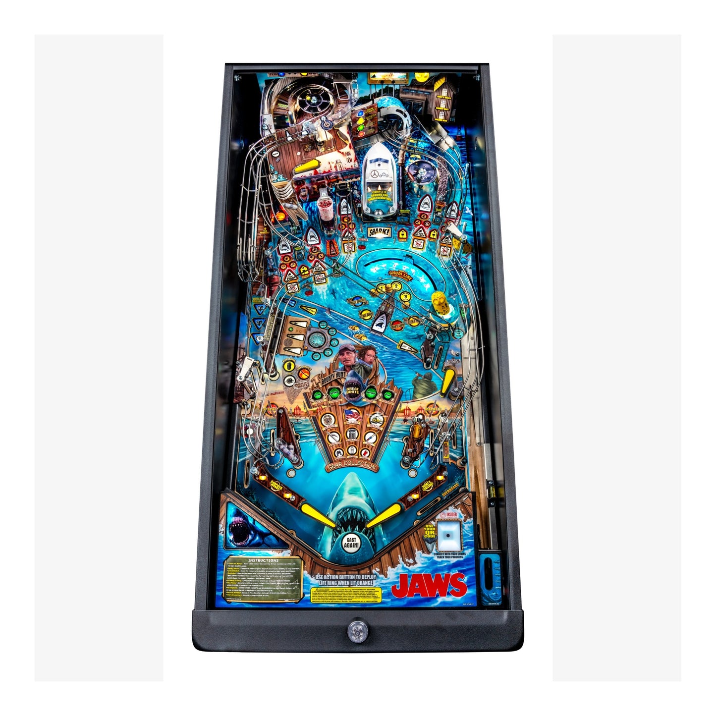 Pinball machine with 'Jaws' theme on a white background