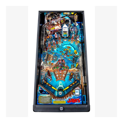 Pinball machine with 'Jaws' theme on a white background