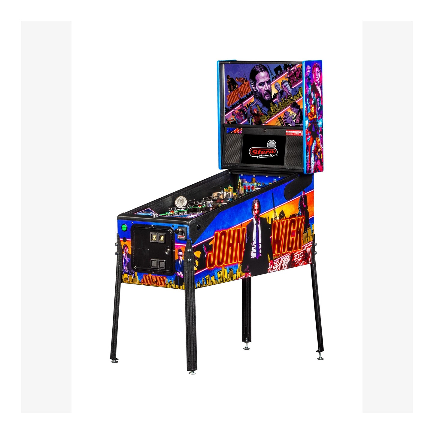 Pinball machine with 'John Wick' theme on a white background