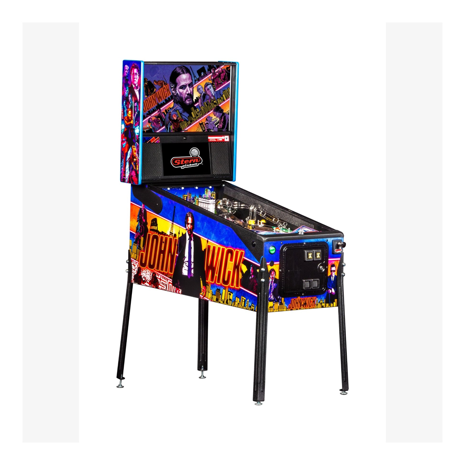 Pinball machine with 'John Wick' theme on a white background