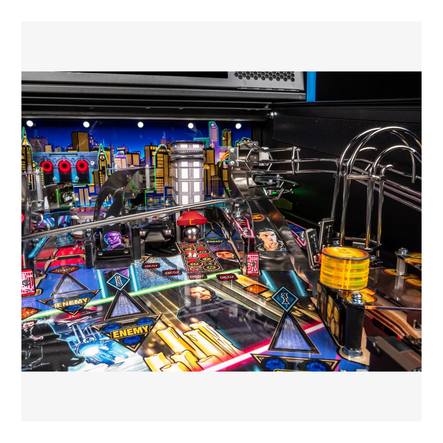 Pinball machine with colorful design and cityscape background