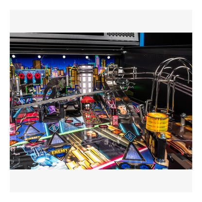 Pinball machine with colorful design and cityscape background