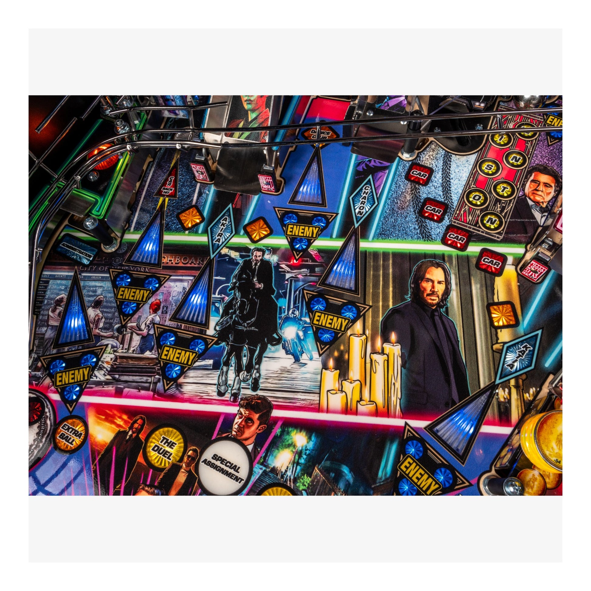 Pinball machine with colorful lights and characters, including a man in a suit and a horse.