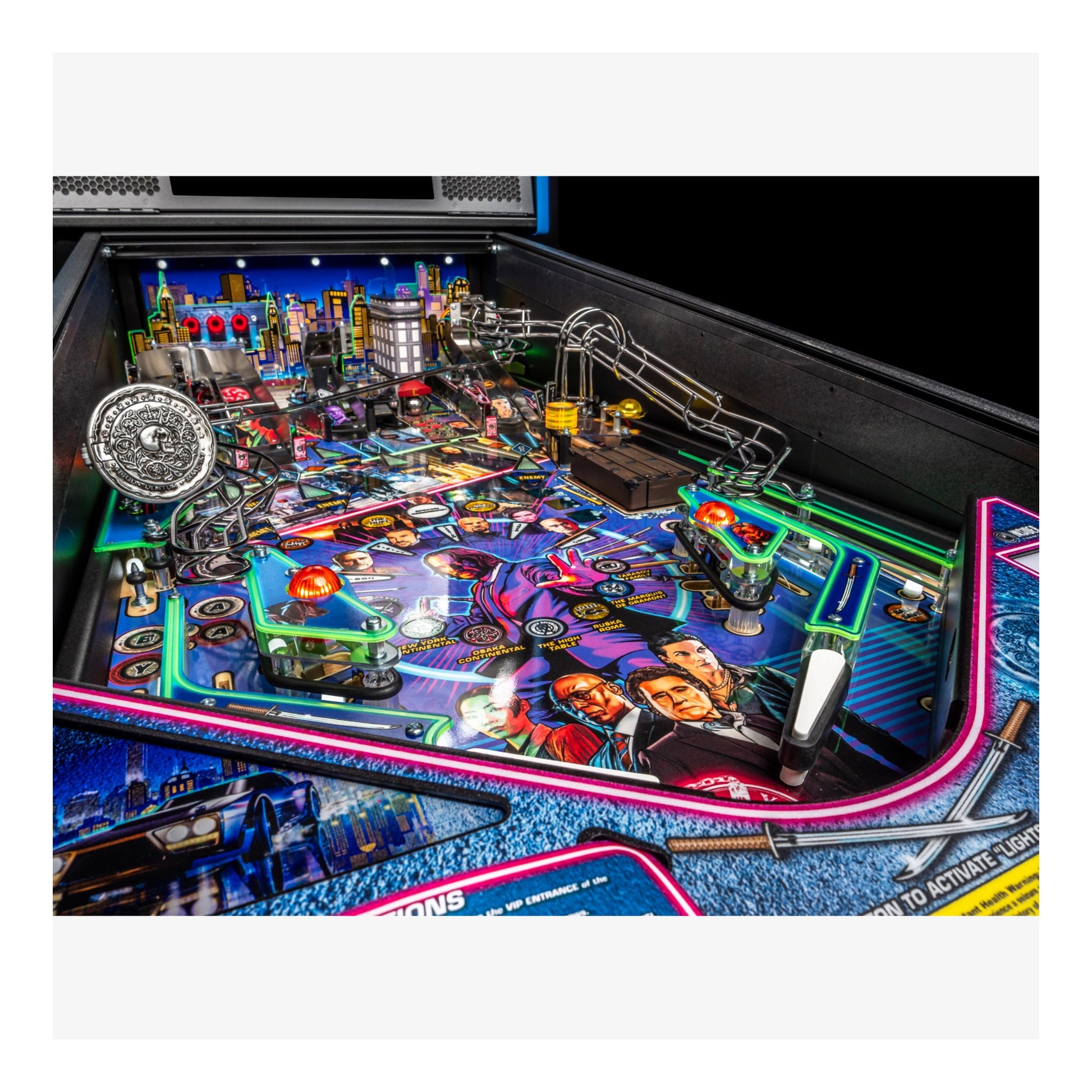 Pinball machine with colorful design and neon lights