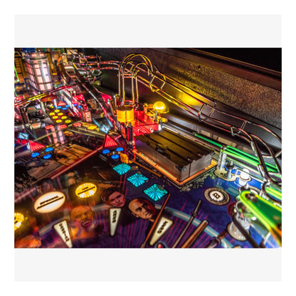 Colorful pinball machine with vibrant lights and details