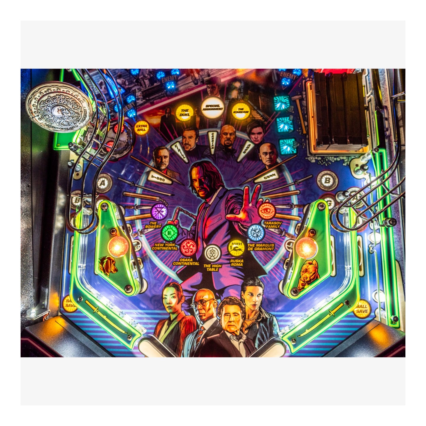 Pinball machine with colorful design and characters on a white background