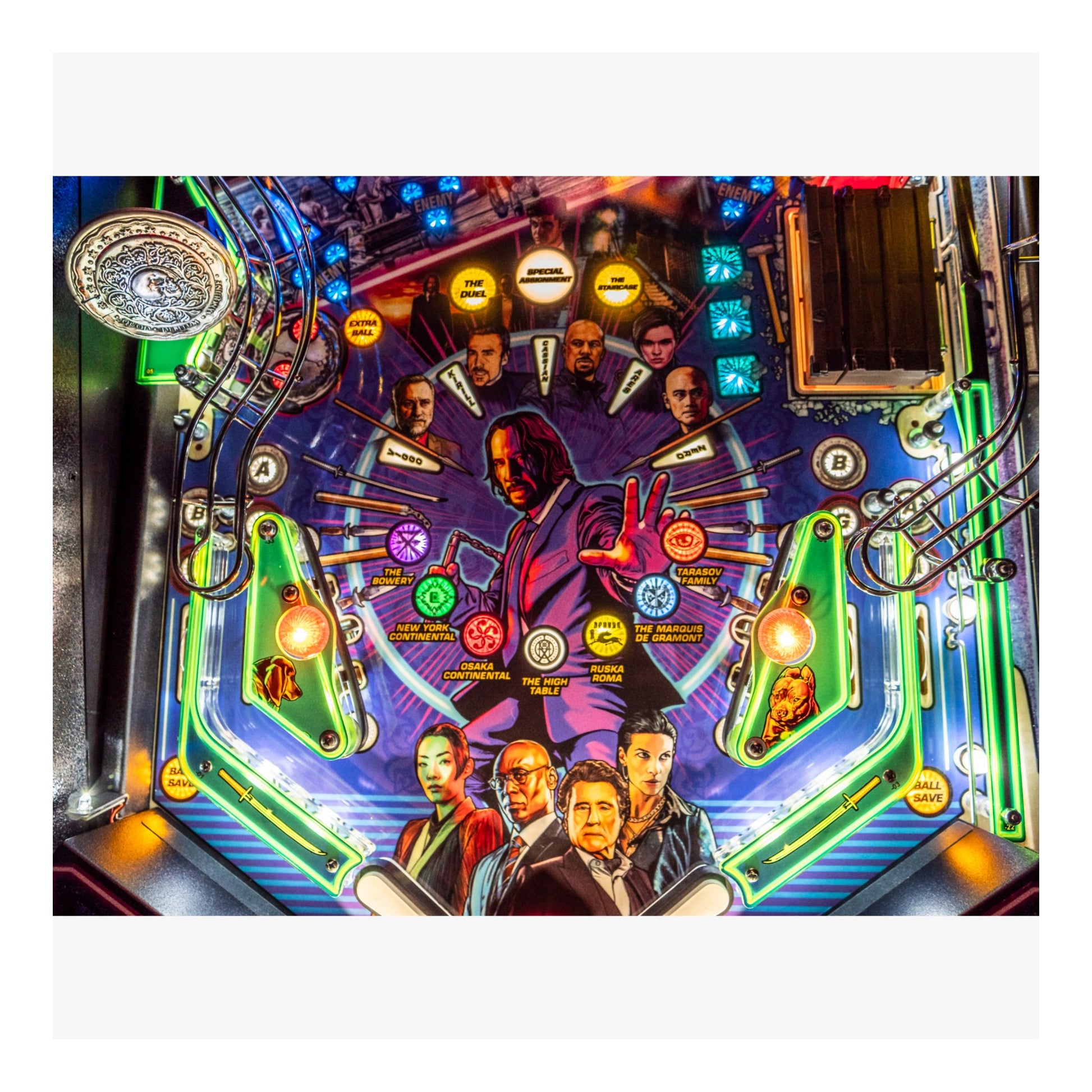 Pinball machine with colorful design and characters on a white background