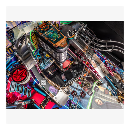 Close-up of a colorful pinball machine with intricate details