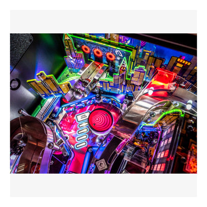 Colorful pinball machine with vibrant neon lights and detailed design.