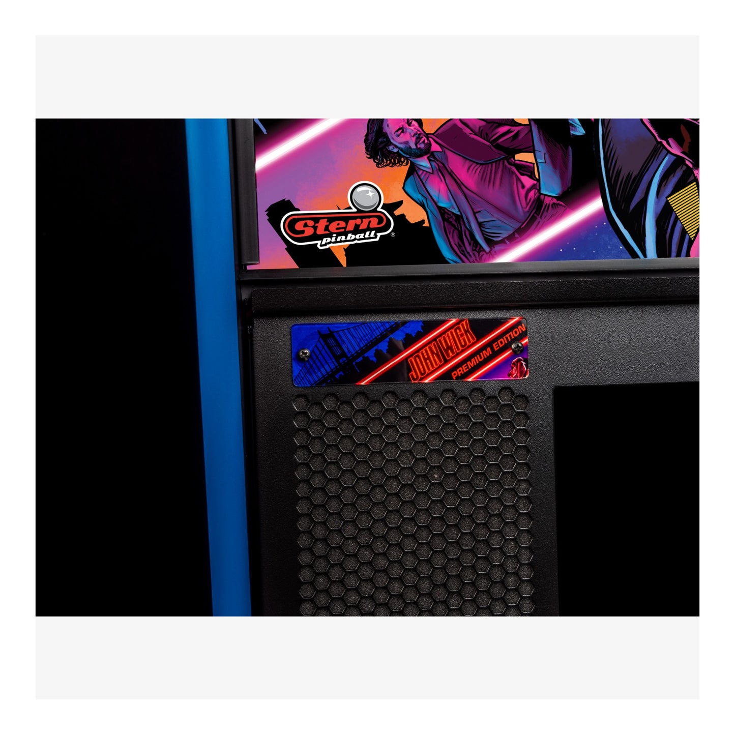 Close-up of an arcade machine with a colorful display and 'Stern' branding.