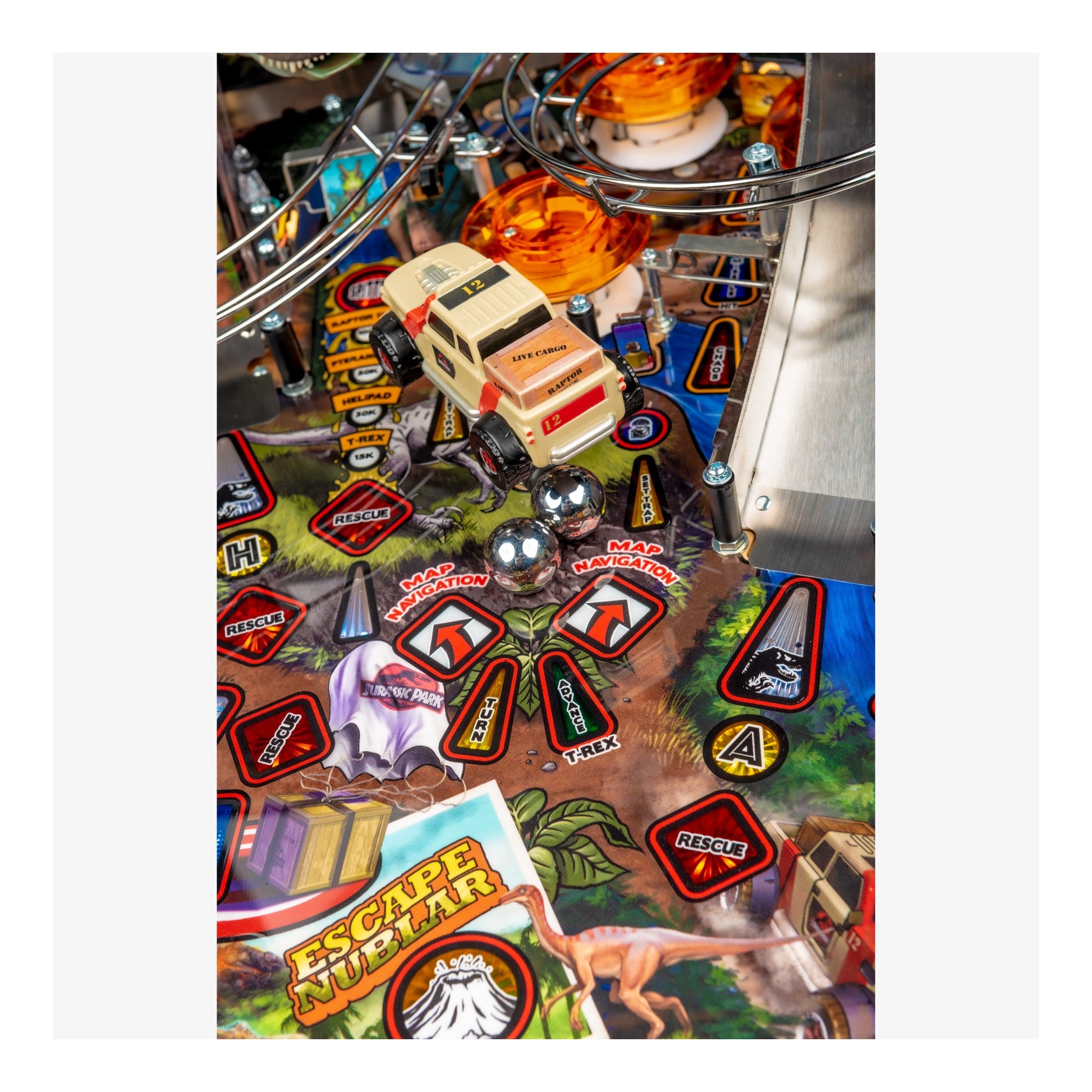 Close-up of a pinball machine with 'Escape Nuclear' theme and various game elements.