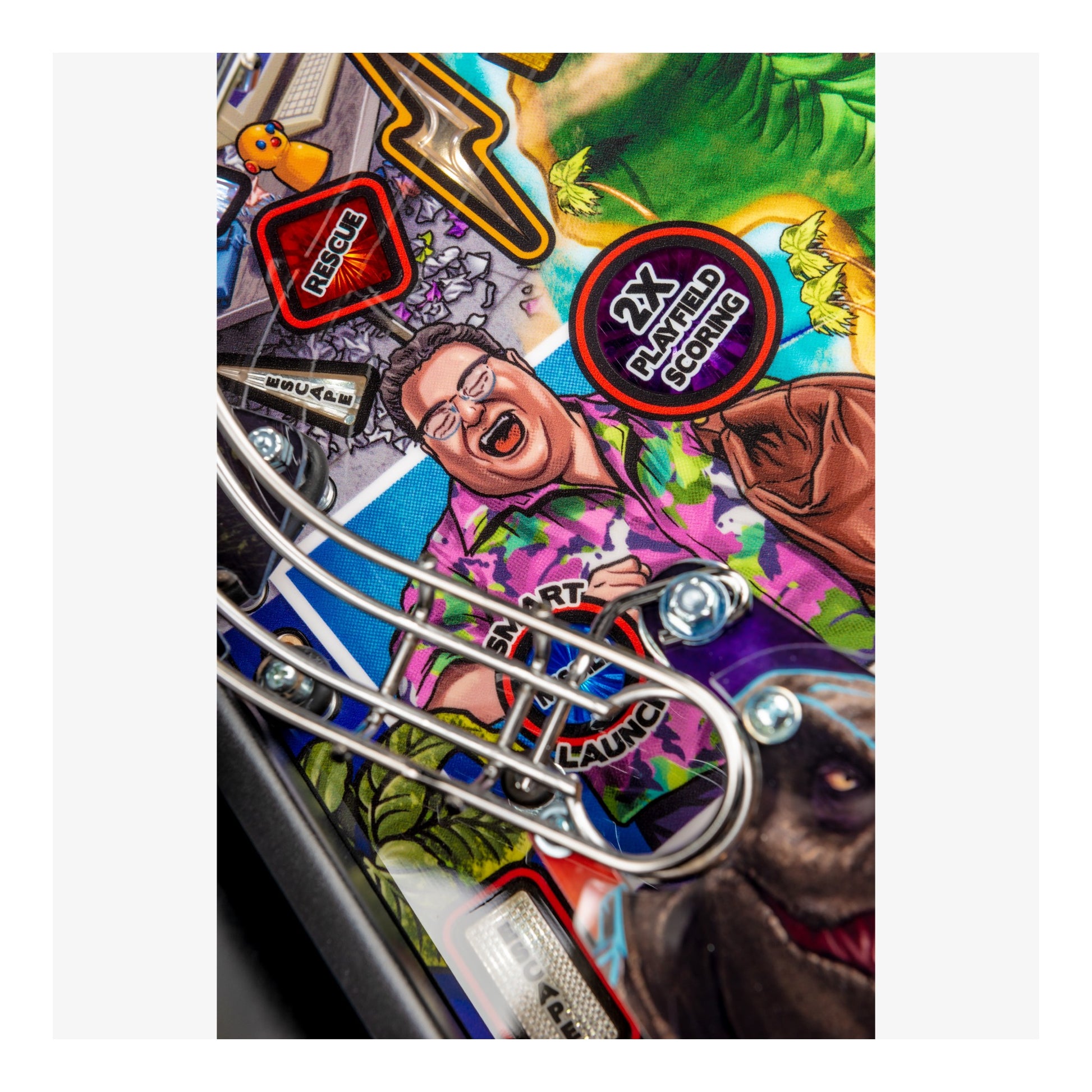 Colorful pinball machine with a character illustration and various symbols on a white background