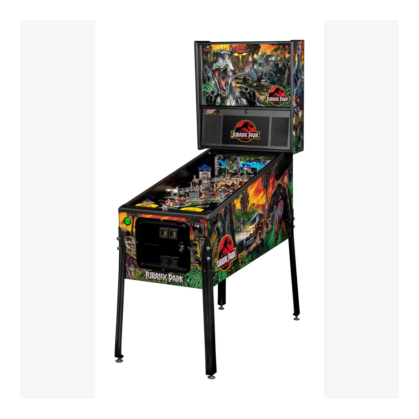 Pinball machine themed after 'Jurassic Park' on a white background