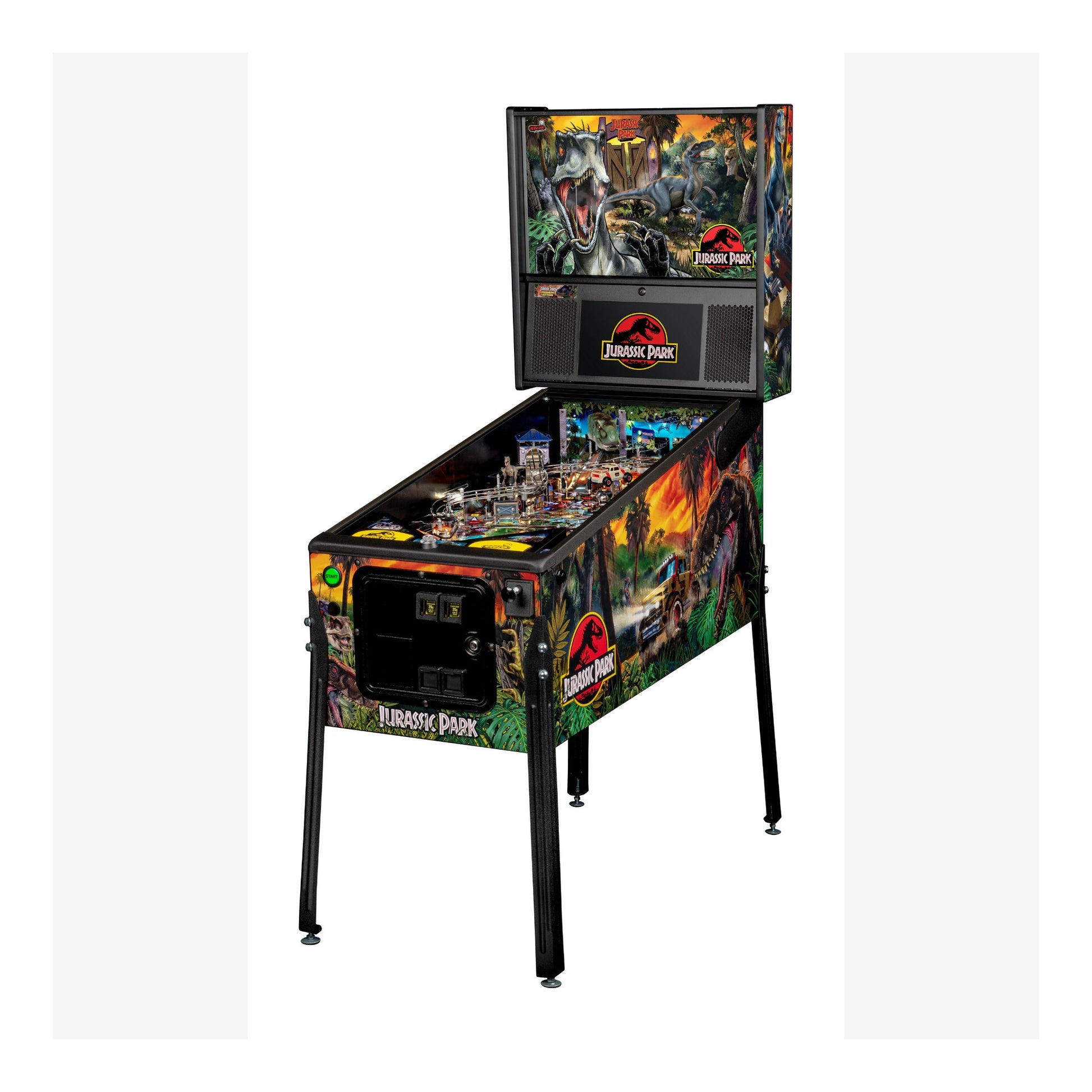 Pinball machine themed after 'Jurassic Park' on a white background