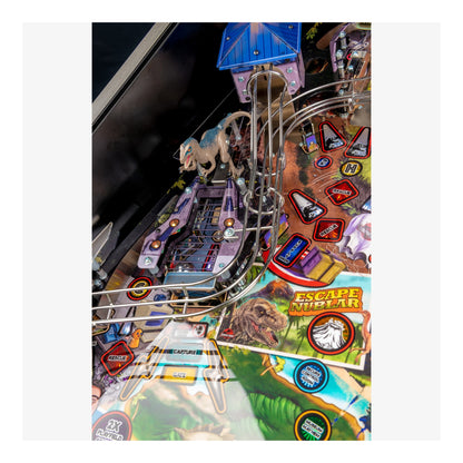 Pinball machine with 'Escape Jurassic' theme featuring dinosaurs and colorful design.