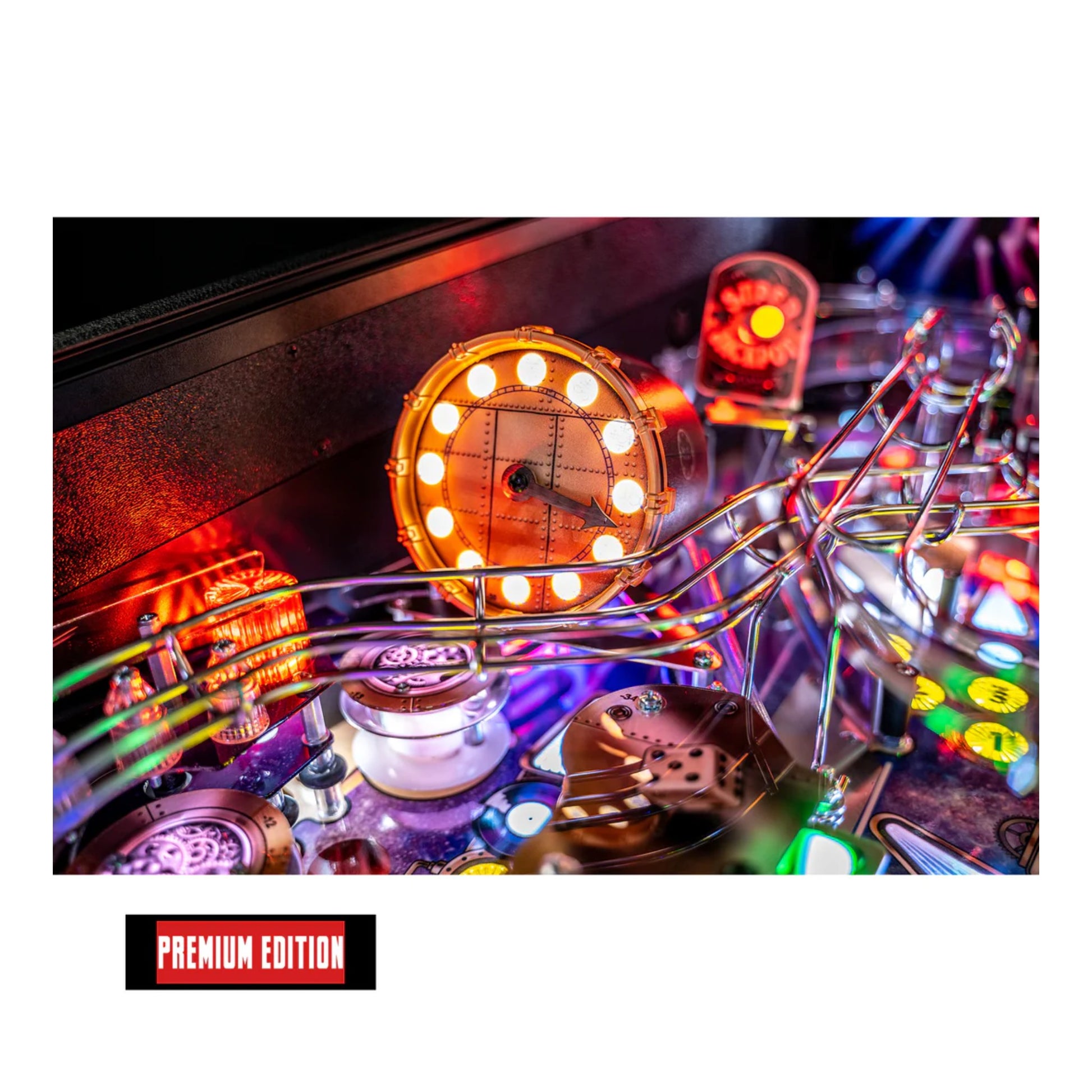 Close-up of a colorful pinball machine with bright lights and 'Premium Edition' label.