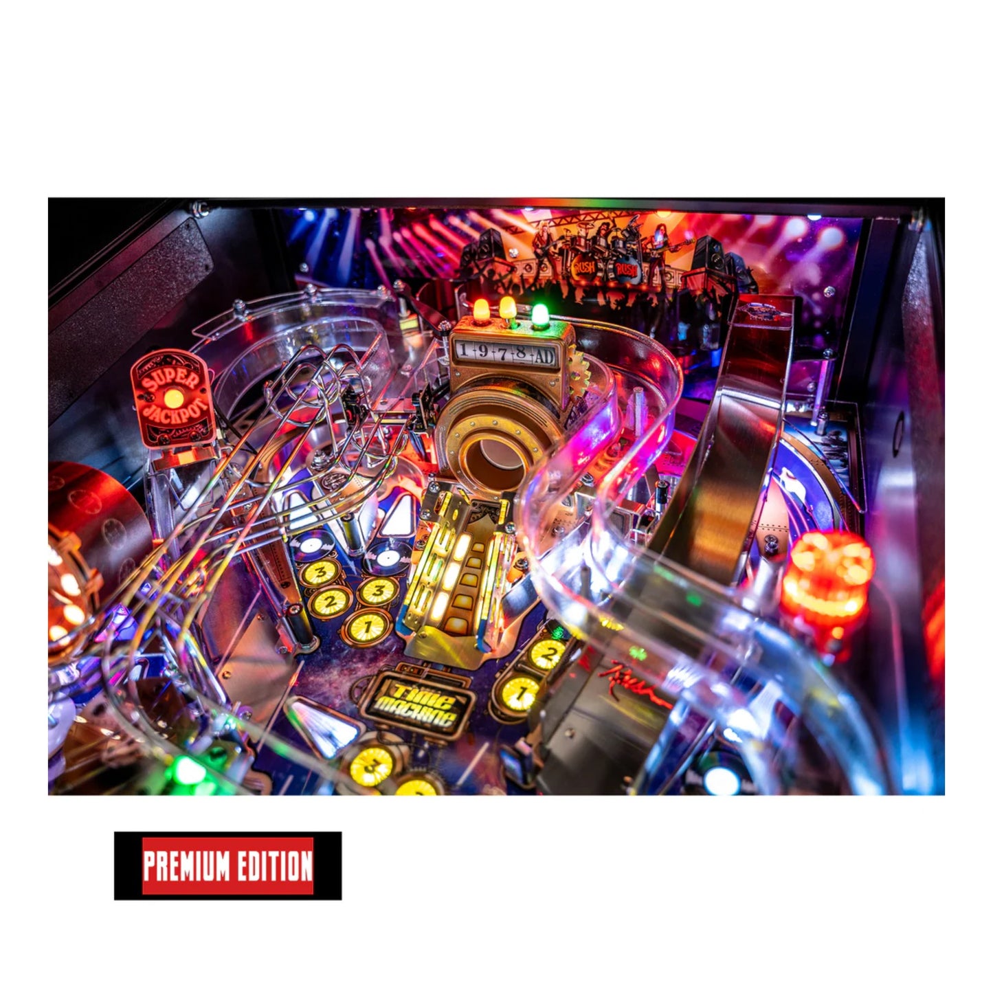 Close-up of a colorful pinball machine with 'Premium Edition' label.