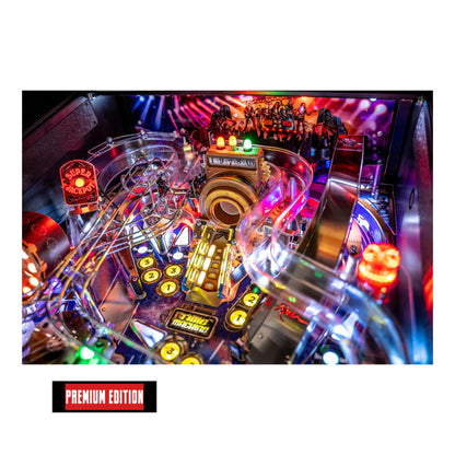 Close-up of a colorful pinball machine with 'Premium Edition' label.