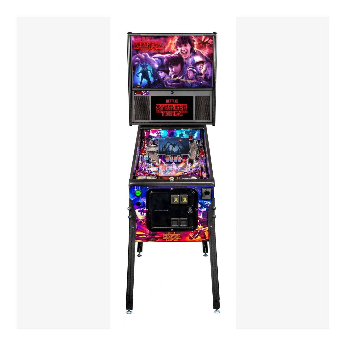 Pinball machine with colorful design and screen displaying characters on a white background