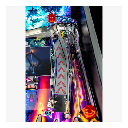 Close-up of a colorful pinball machine with vibrant lights and details.