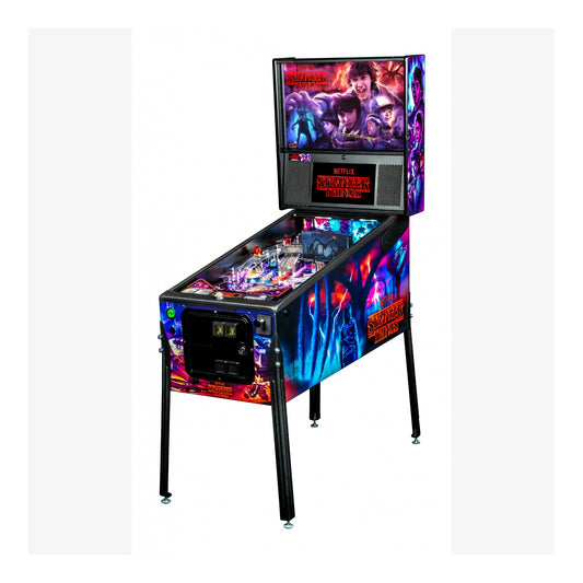 Pinball machine with colorful design and screen displaying characters on a white background