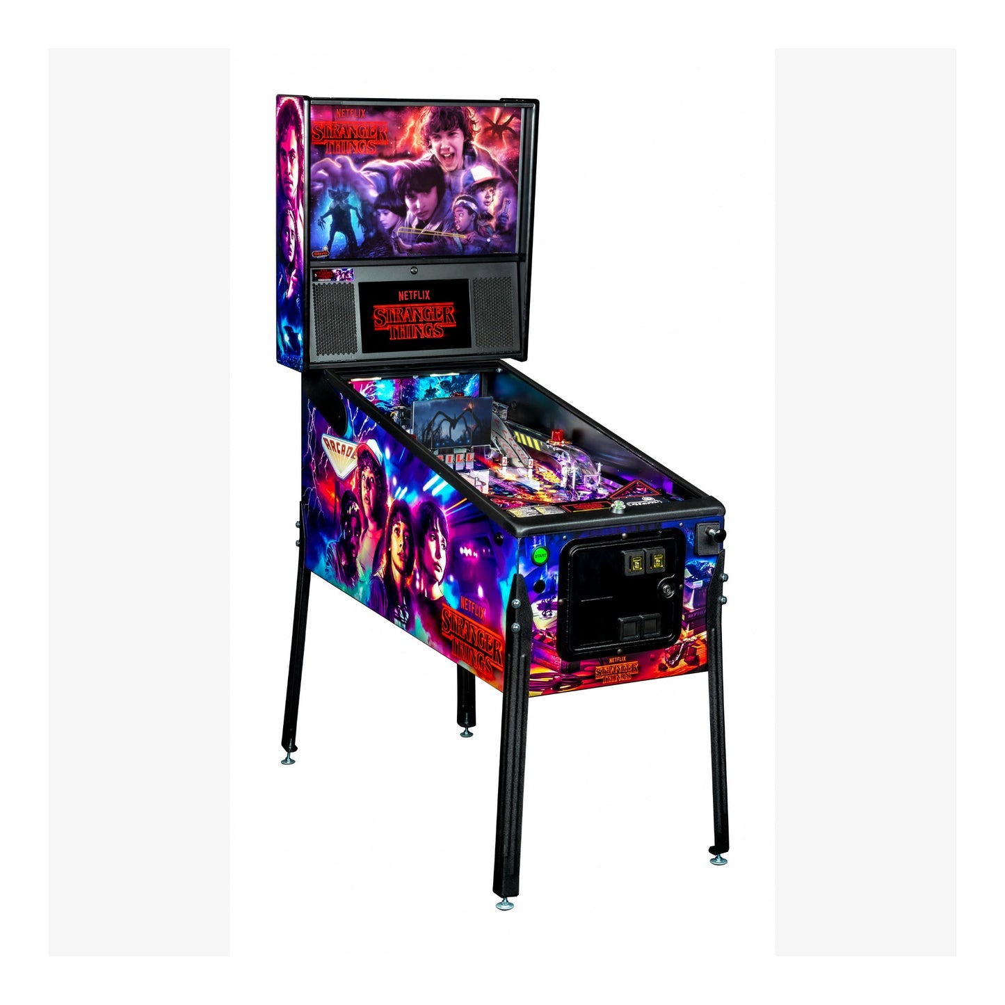 Pinball machine with colorful design and character images on a white background