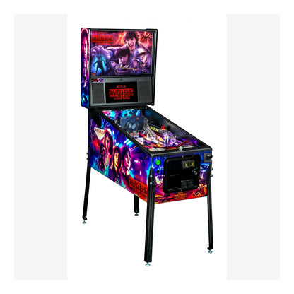 Pinball machine with colorful design and character images on a white background