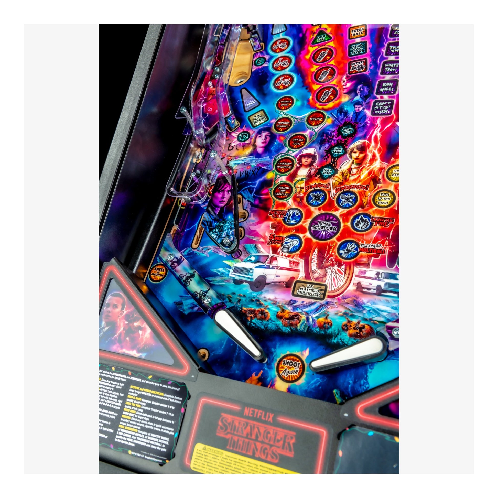 Colorful pinball machine with intricate design and 'Netflix' branding.