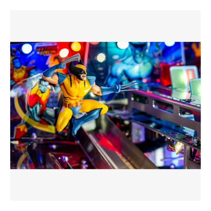 Action figure on a pinball machine with colorful lights in the background