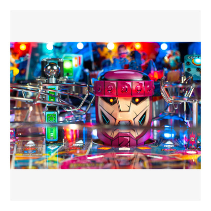 Colorful pinball machine with a robot figure on a reflective surface