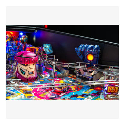 Close-up of a colorful pinball machine with various components and lights.