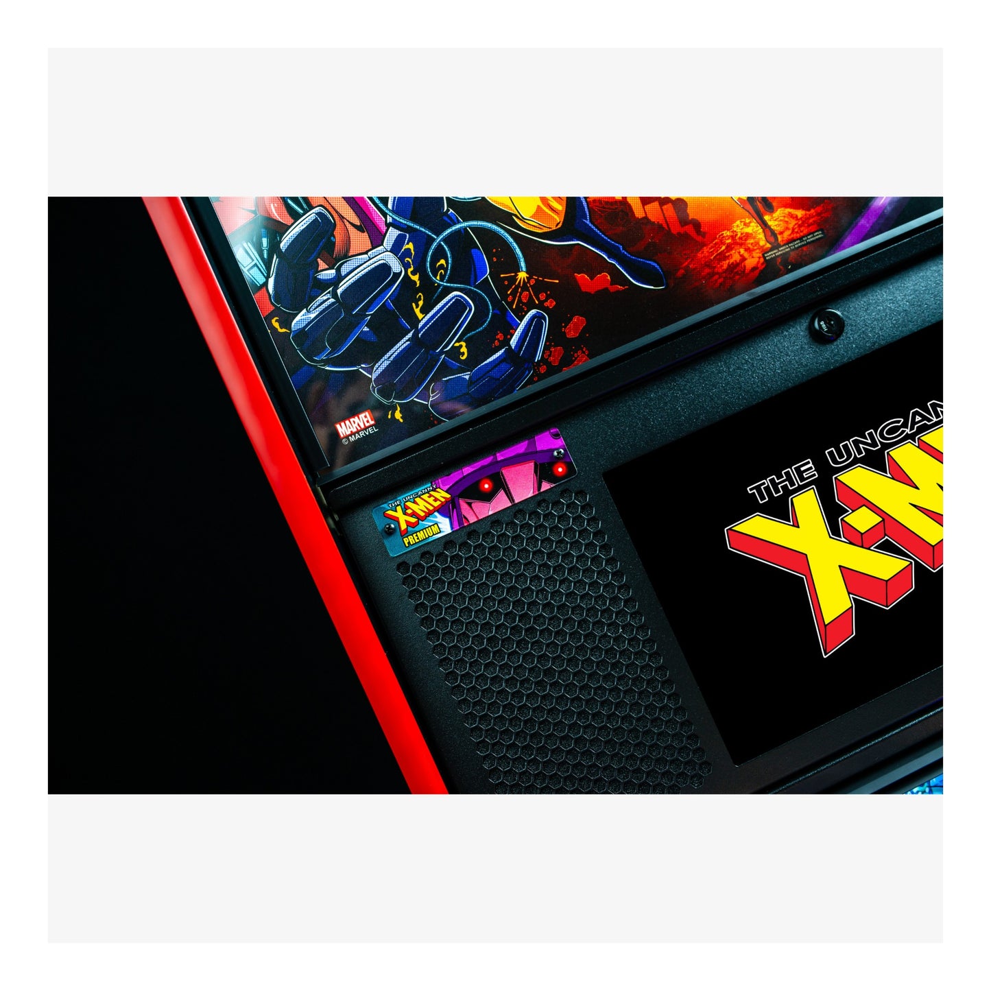 Pinball machine with 'X-Men' branding on a white background