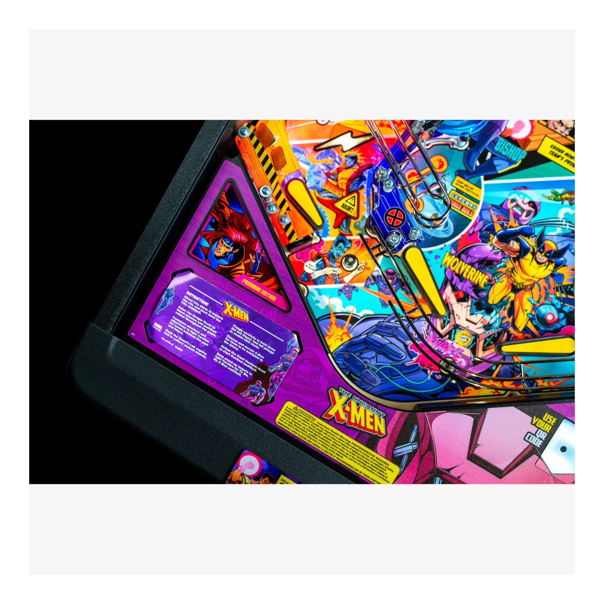 Colorful pinball machine with X-Men theme on a white background