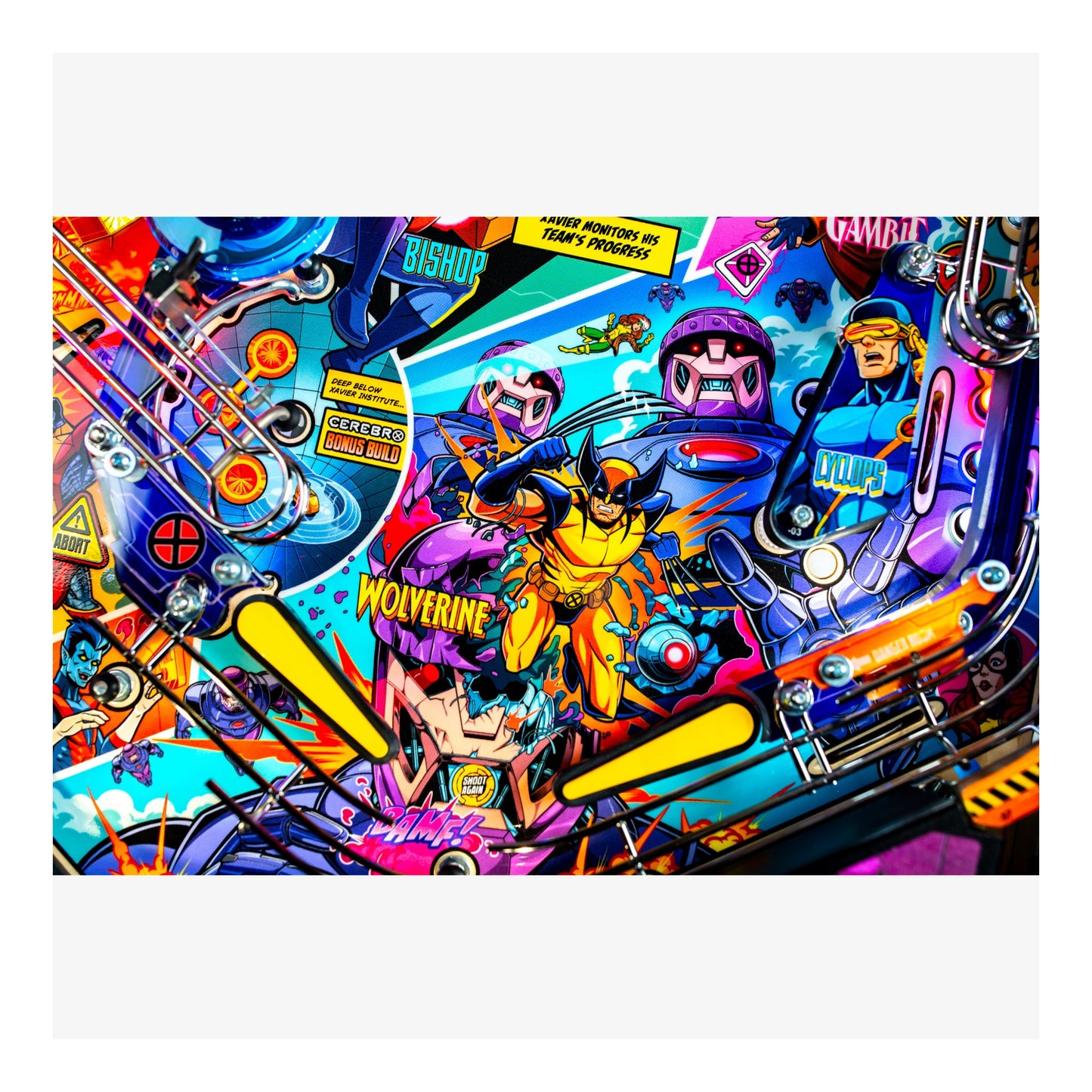 Colorful pinball machine with superhero characters and vibrant graphics