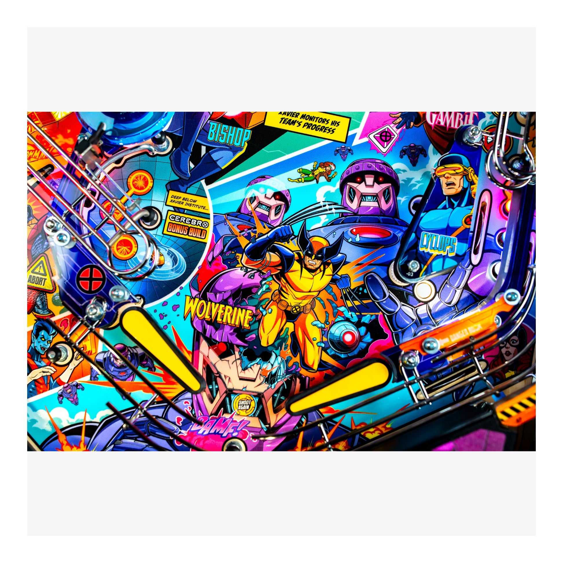 Colorful pinball machine with superhero characters and vibrant graphics
