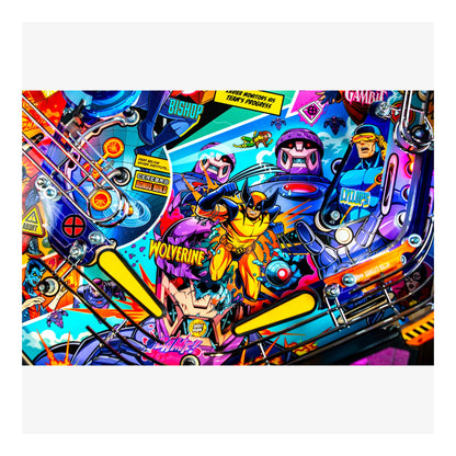 Colorful pinball machine with superhero characters and vibrant graphics