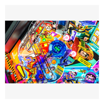 Colorful pinball machine with various characters and graphics