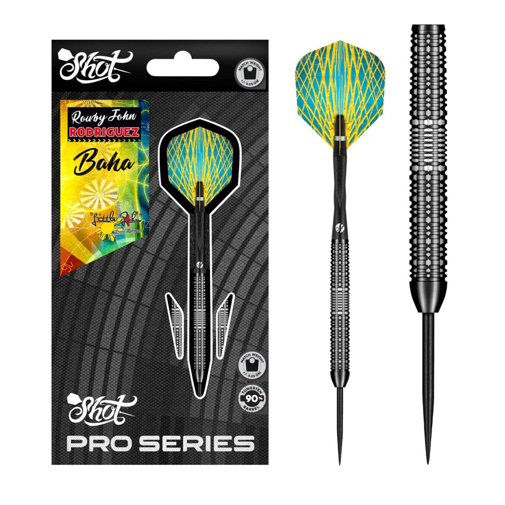 Packaging content for Shot Darts Pro Series Rowby-John Rodriguez Baha 90% Tungsten set