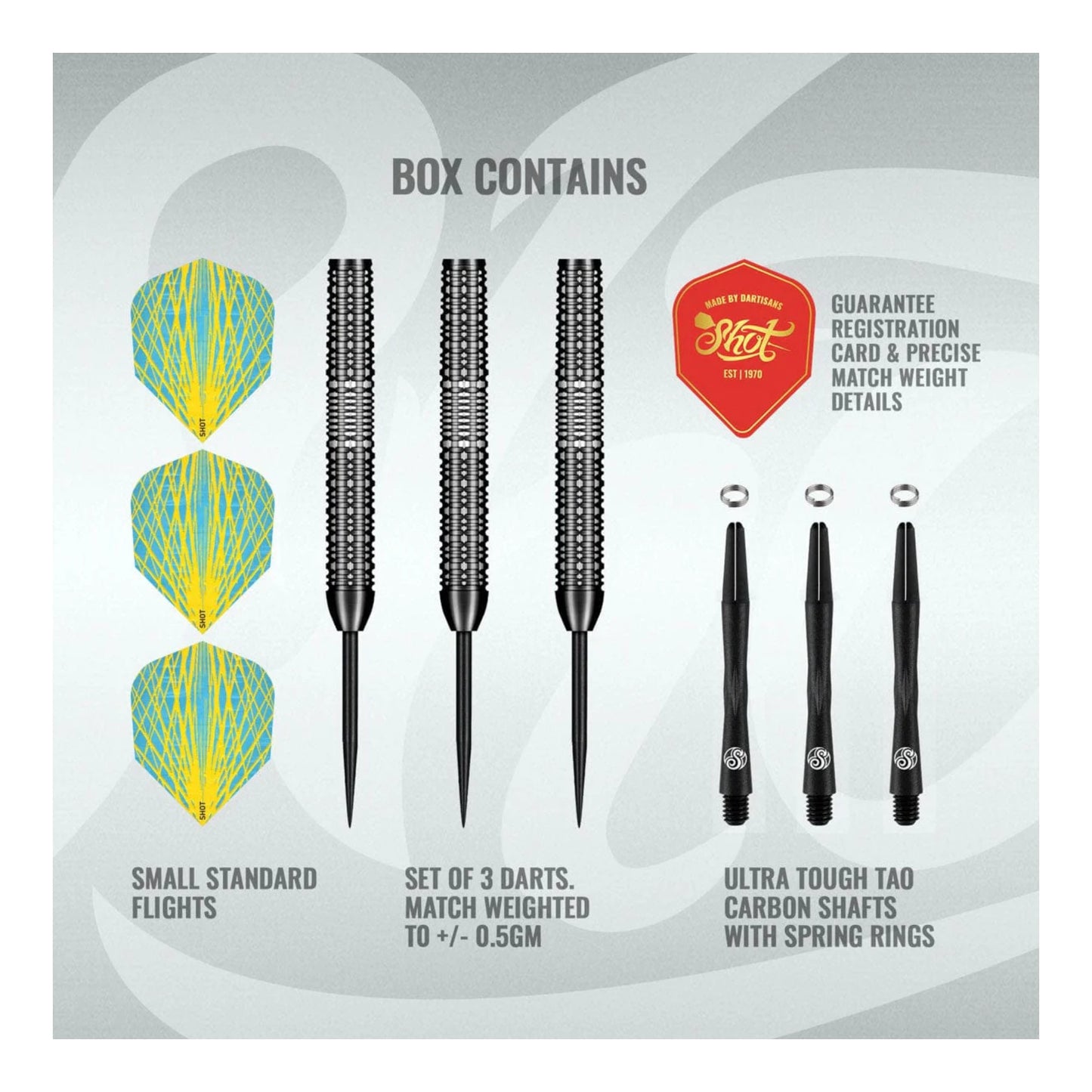 ull set of Shot Darts Rowby-John Rodriguez Baha darts with Araw flights and Tao Carbon shafts