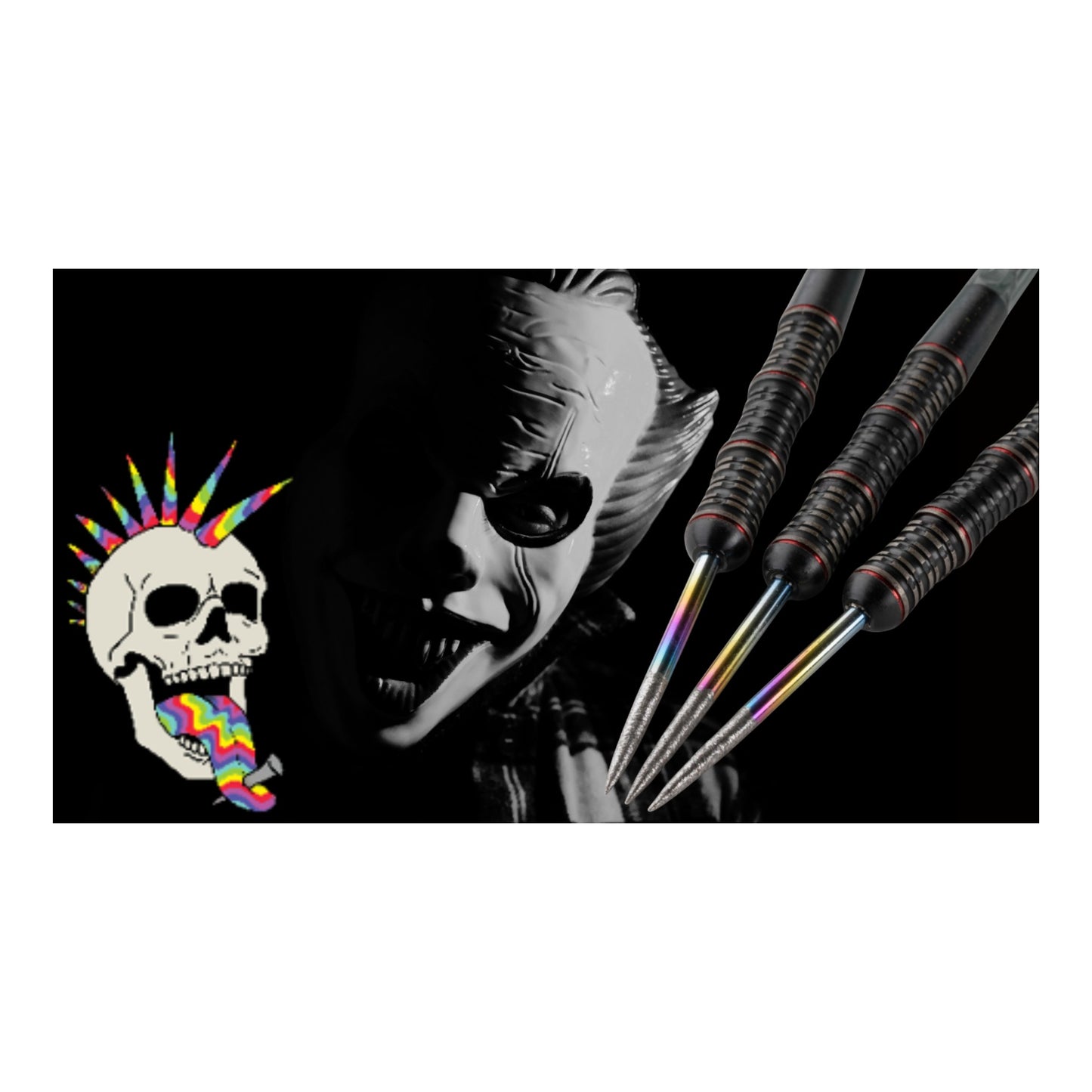Vibrant multi-coloured Punk Points Psycho steel dart points showcasing the Delinquent gripped tip