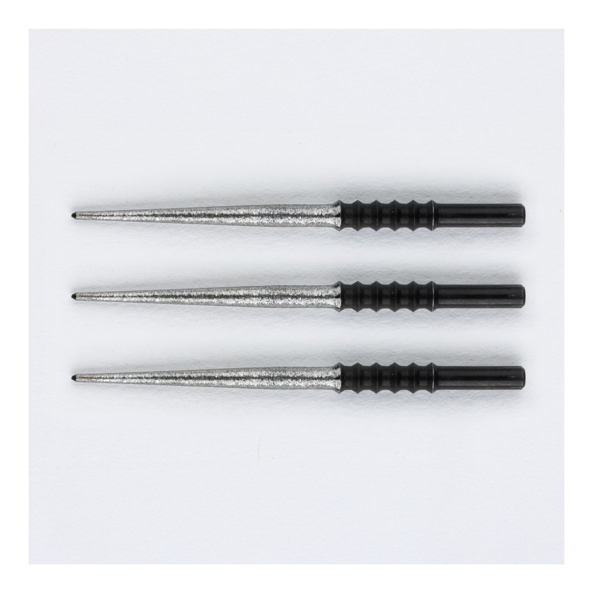 Three Twisted Standard Steel Points for darts arranged to show texture and 36mm length.