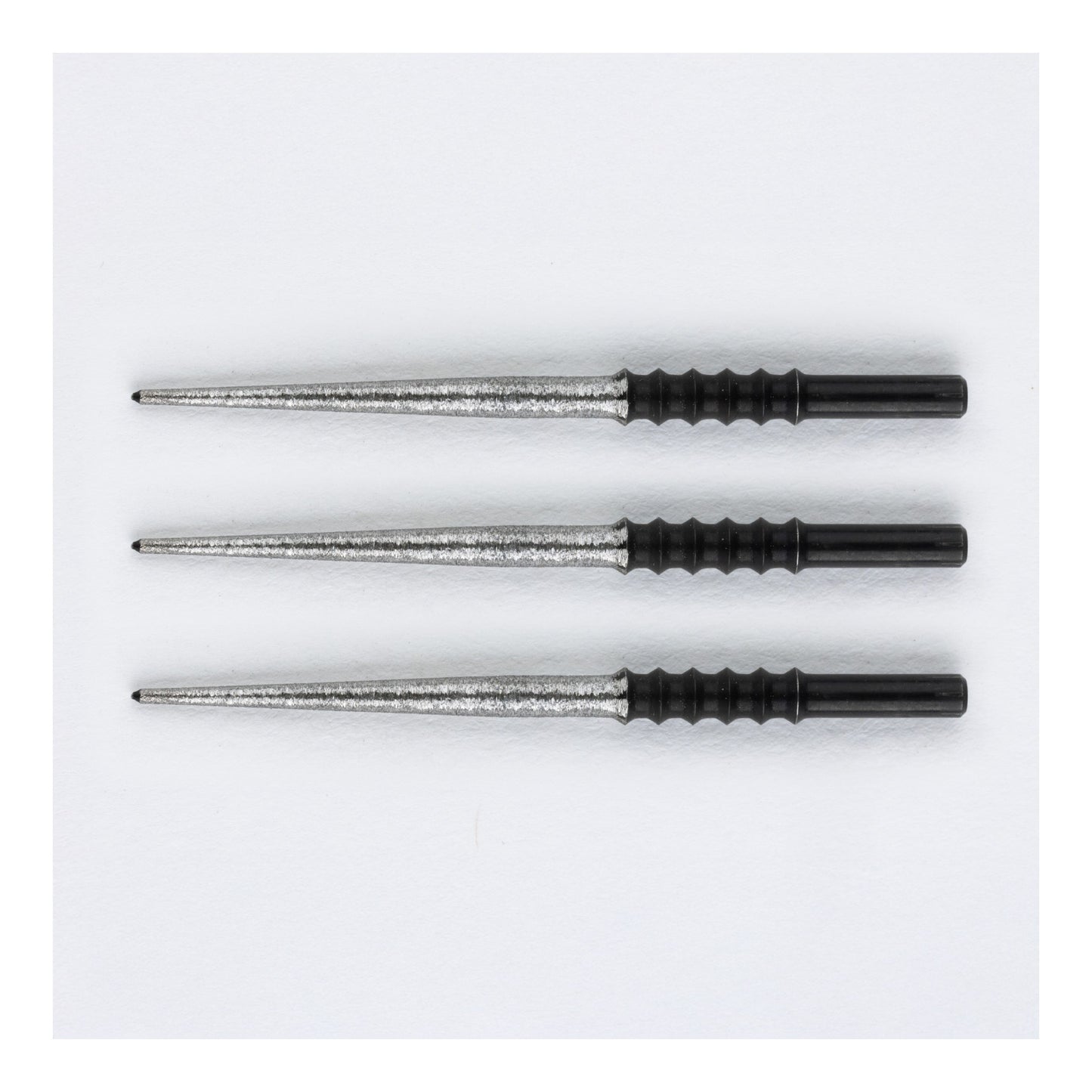 Three Twisted Standard Steel Points for darts arranged to show texture and 36mm length.