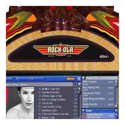 Close-up of a Rock-Ola jukebox with a screen displaying music tracks.