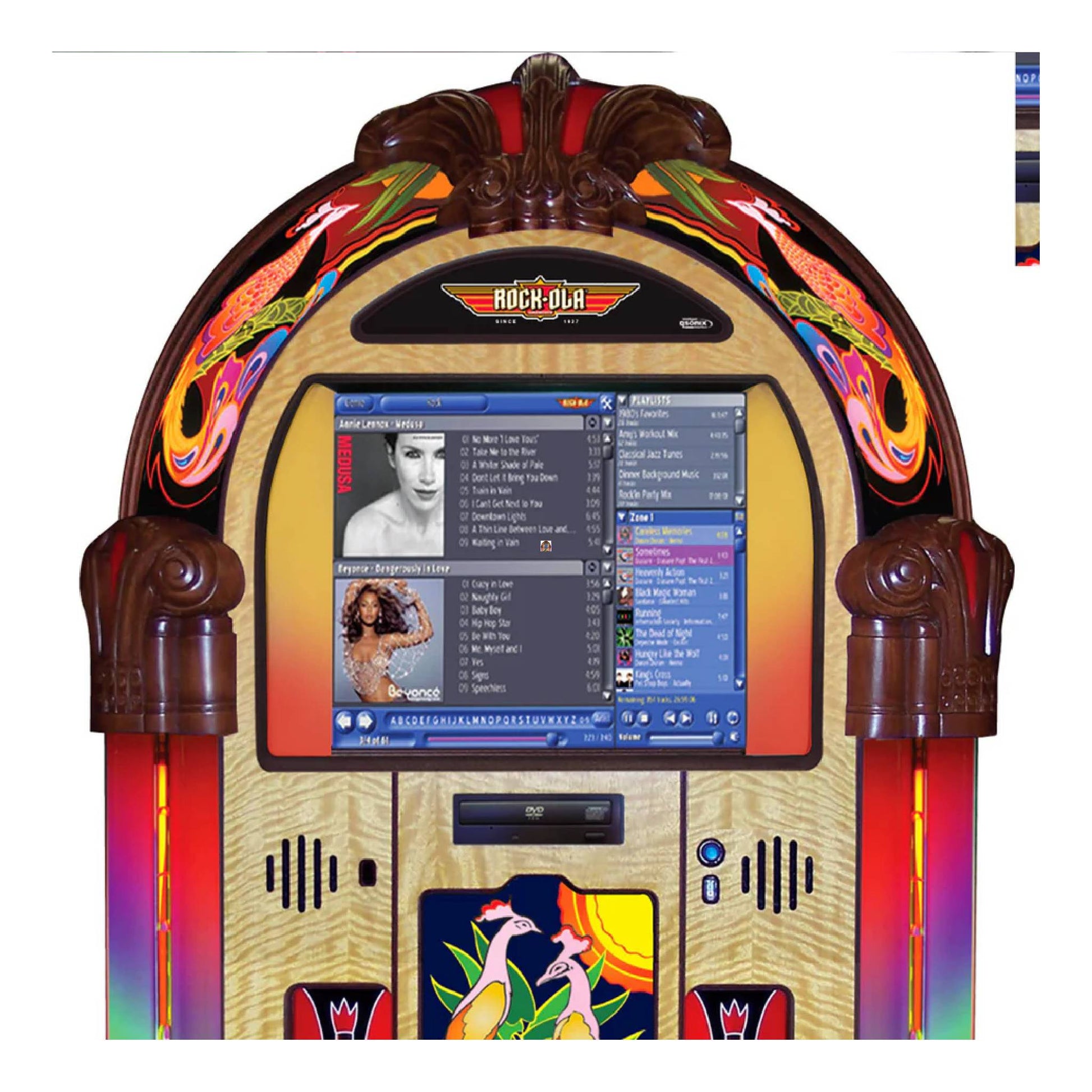 Colorful vintage-style jukebox with a screen displaying music options on a white background.
