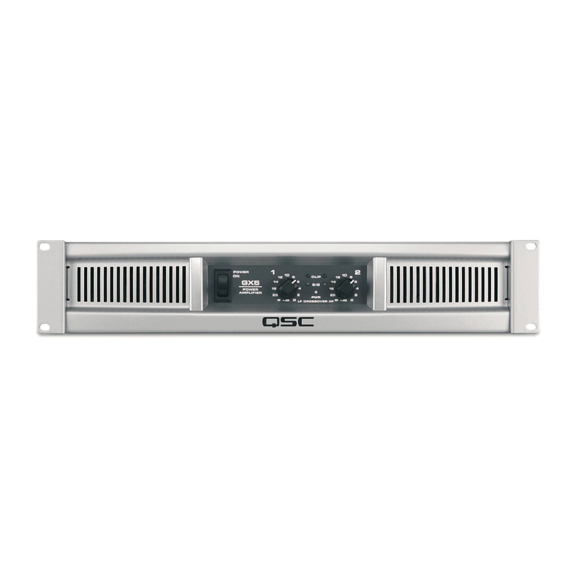 QSC audio amplifier on a white background
