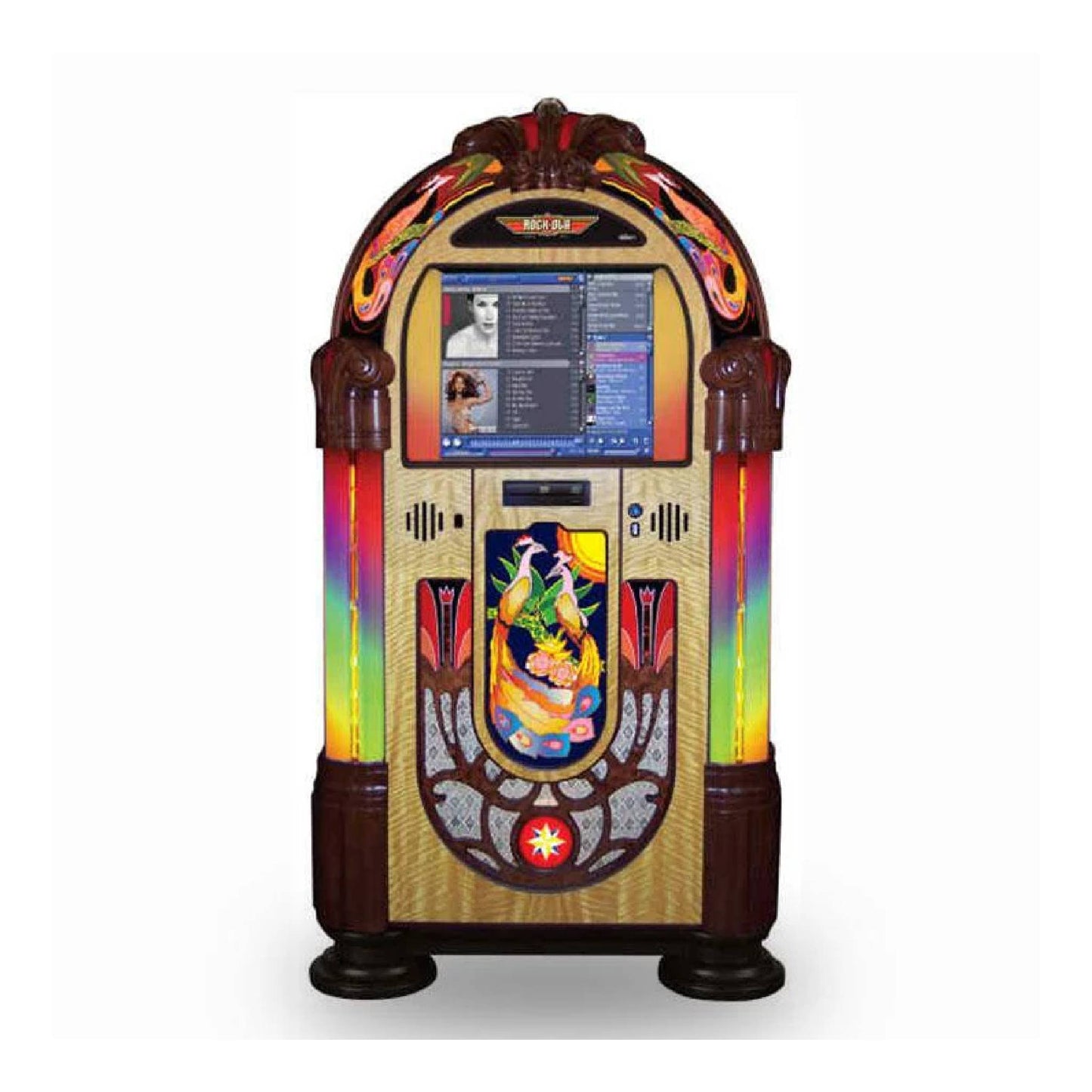 Colorful vintage-style jukebox with a screen on a white background