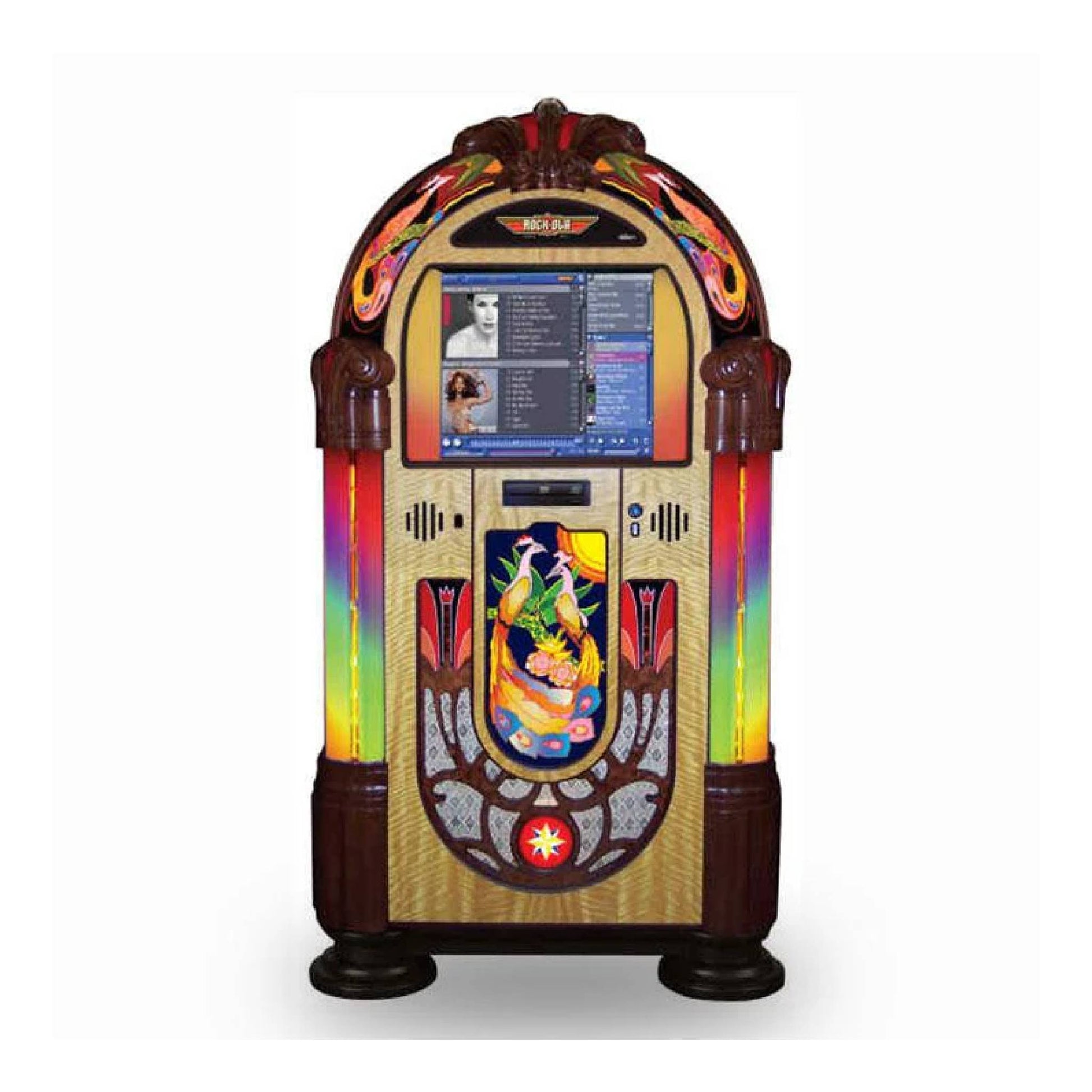 Colorful vintage-style jukebox with a screen on a white background
