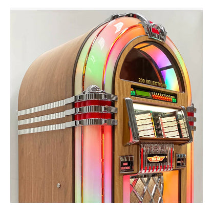 Vintage-style jukebox with wooden finish and colorful interior on a white background