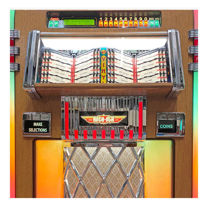 Close-up of a vintage-style jukebox with coin slot and selection buttons.