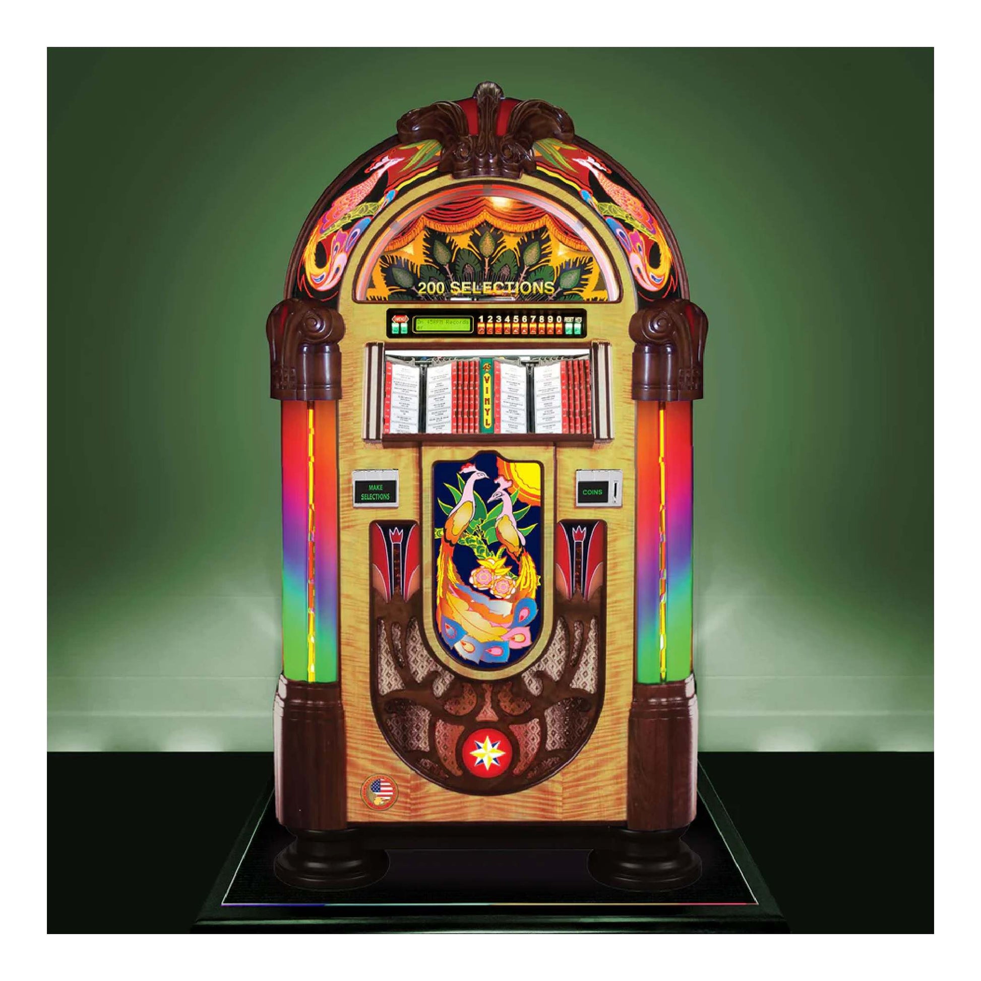 Colorful vintage-style jukebox with decorative elements on a green background